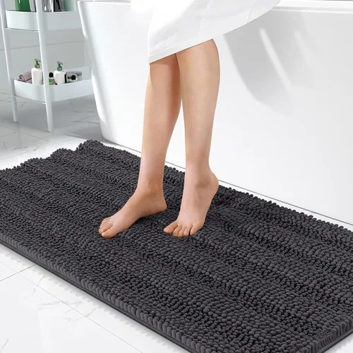 OLANLY Alfombra de Baño de Felpilla a Rayas 47x24", Gris Oscuro