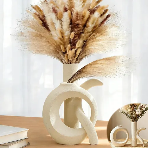 EcoCharm Home Set de 2 Jarrones de Cerámica «OK», Beige Blanco