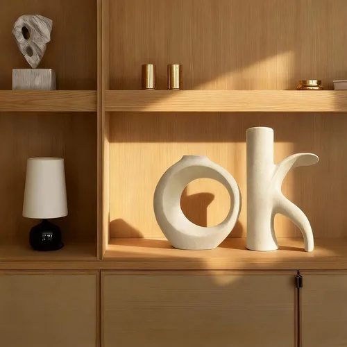 EcoCharm Home Set de 2 Jarrones de Cerámica «OK», Beige Blanco — foto 4
