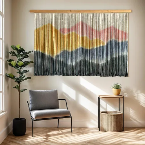 Sdjazl Tapiz de Macramé Teñido a Mano, Paisaje de Montaña 57x35"